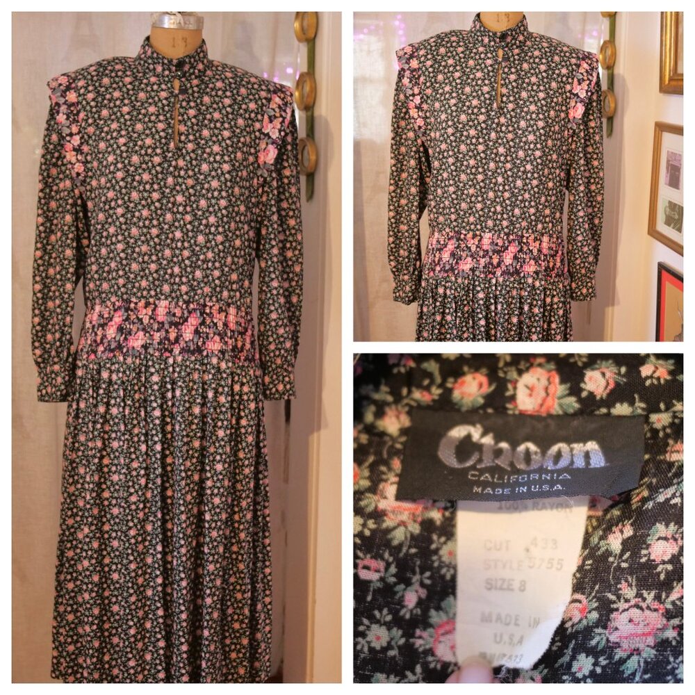 vtg 80s CHOON California Floral Full Pleated Ruched Elastic Waist Dress USA 8